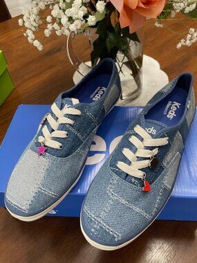 Keds, Champion, Denim Patchwork w/Charm Lace Up, Blues, Sz 7.5